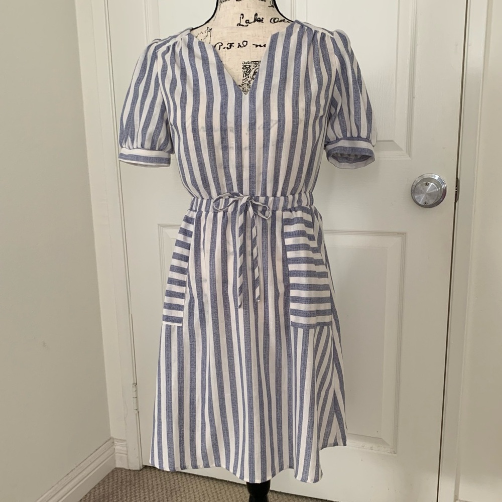 Monteau vintage blue stripe pocket tie waist dress